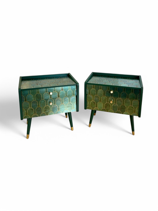 Mid - Century Modern Nightstands Upholstered With Nizwa Jade By Bethan Gray