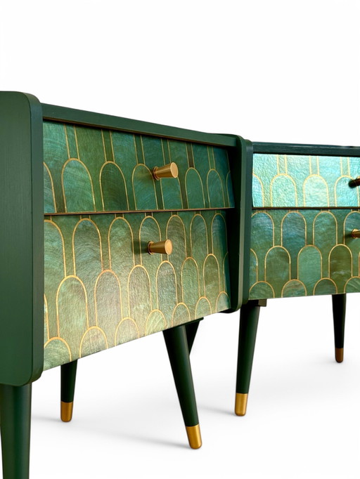 Mid - Century Modern Nightstands Upholstered With Nizwa Jade By Bethan Gray