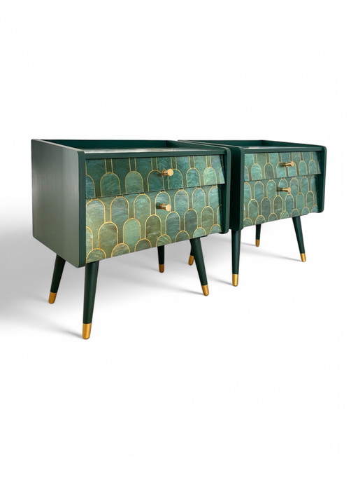 Mid - Century Modern Nightstands Upholstered With Nizwa Jade By Bethan Gray