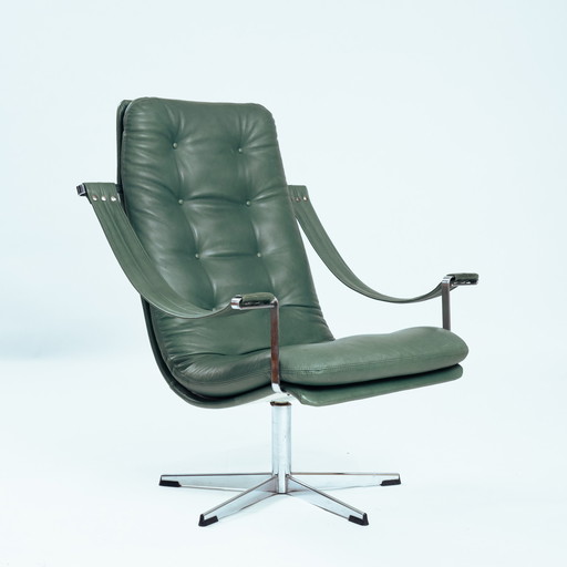 Green Leather Swivel Armchair In The Style Of Artifort, 1950