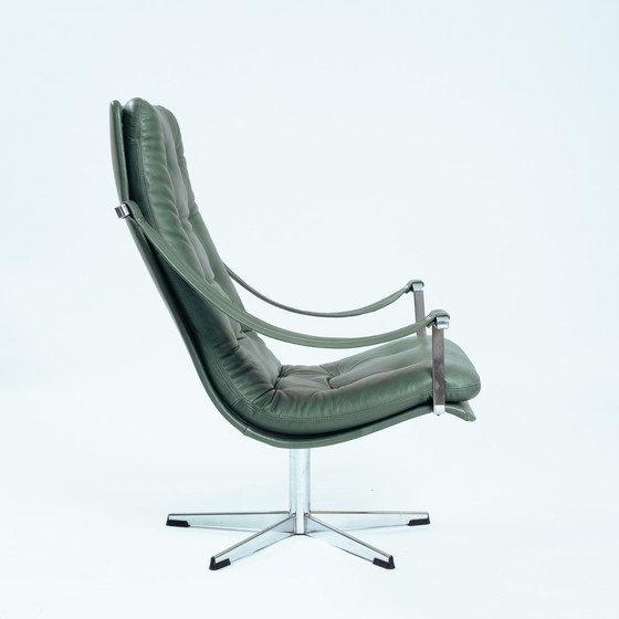 Image 1 of Green Leather Swivel Armchair In The Style Of Artifort, 1950