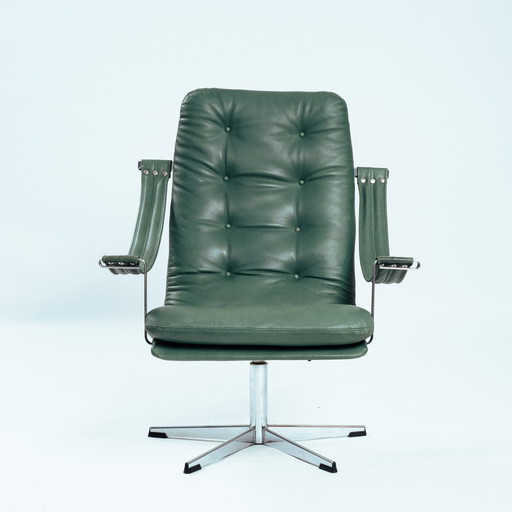 Green Leather Swivel Armchair In The Style Of Artifort, 1950