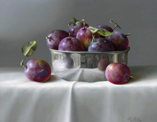 Blue plums in silver bowl, Rob Ritchie