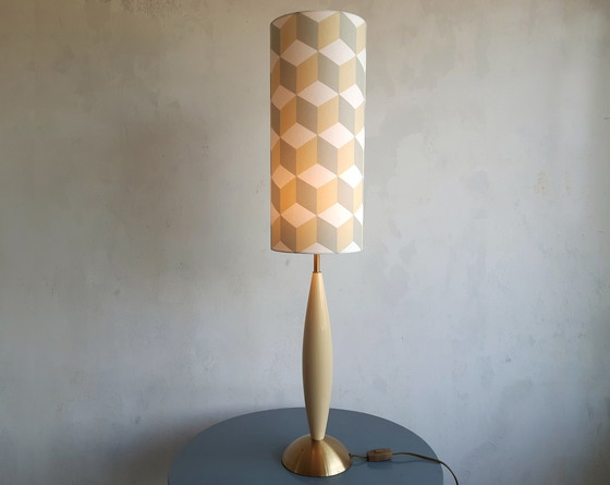 Image 1 of Vintage table lamp with new handmade lampshade with geometric Escher-like pattern