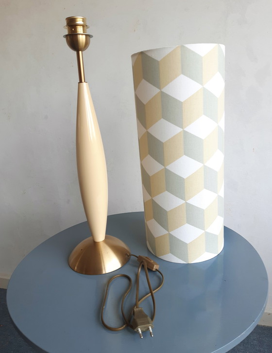Image 1 of Vintage table lamp with new handmade lampshade with geometric Escher-like pattern