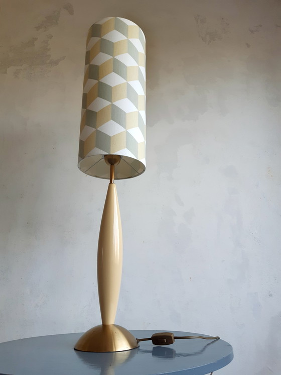 Image 1 of Vintage table lamp with new handmade lampshade with geometric Escher-like pattern