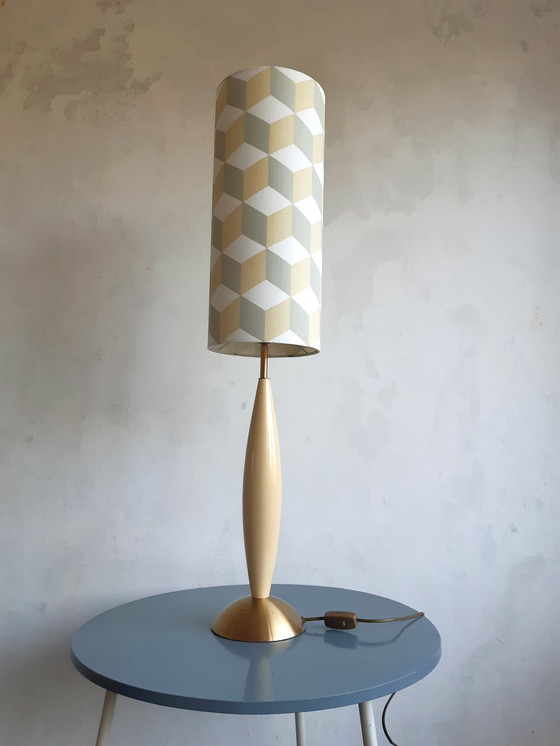 Image 1 of Vintage table lamp with new handmade lampshade with geometric Escher-like pattern