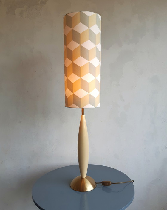 Image 1 of Vintage table lamp with new handmade lampshade with geometric Escher-like pattern