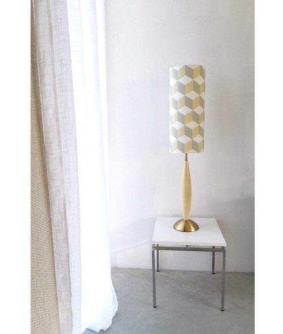 Image 1 of Vintage table lamp with new handmade lampshade with geometric Escher-like pattern