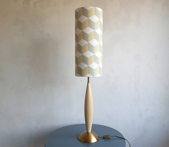 Image 1 of Vintage table lamp with new handmade lampshade with geometric Escher-like pattern
