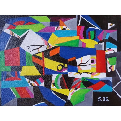 Pintura acrílica vintage "Geometría" de Jocelyne Hoffelt, 2020