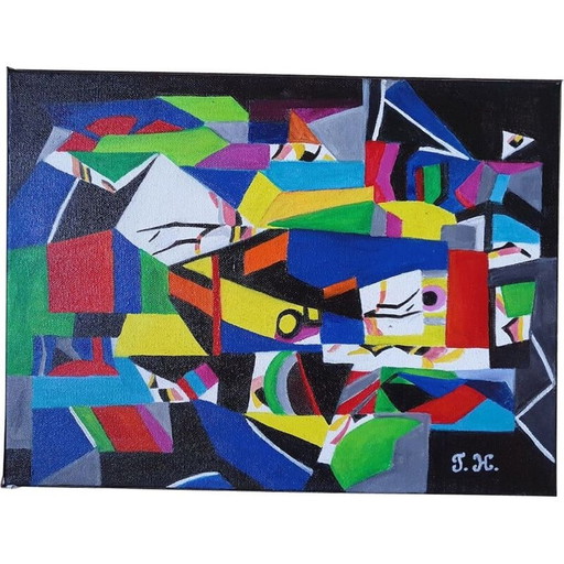 Pintura acrílica vintage "Geometría" de Jocelyne Hoffelt, 2020