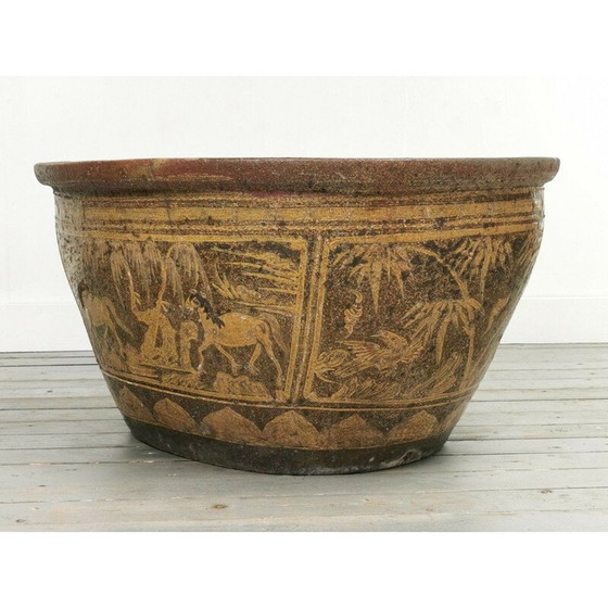 Image 1 of Boccia per pesci ovale d'epoca in pietra decorativa, Cina