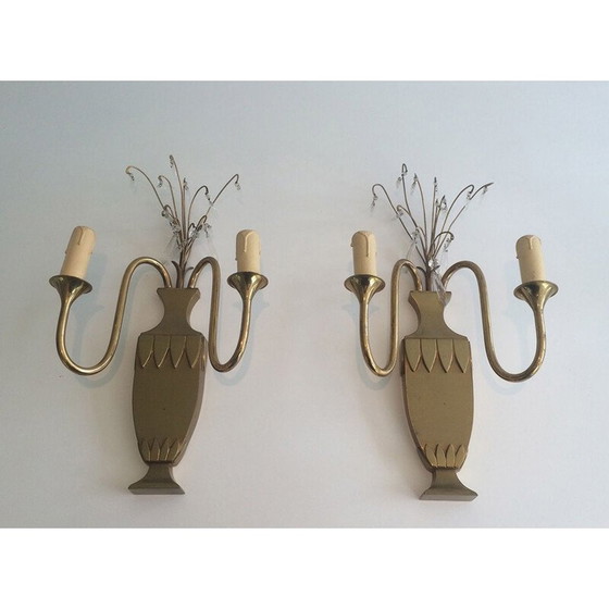 Image 1 of Pair of vintage brass and crystal wall lamp, 1940