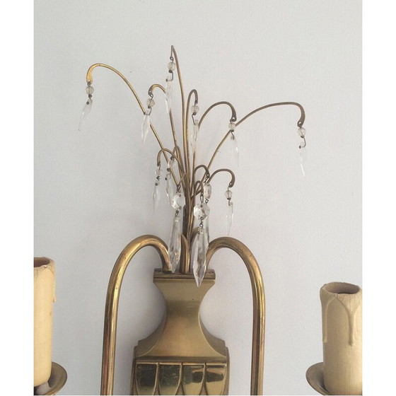 Image 1 of Pair of vintage brass and crystal wall lamp, 1940