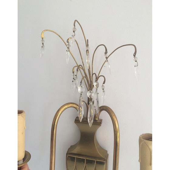 Image 1 of Pair of vintage brass and crystal wall lamp, 1940