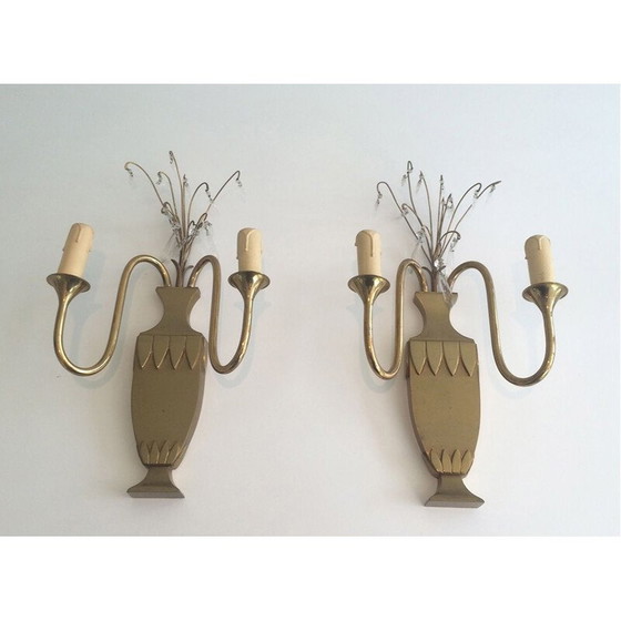 Image 1 of Pair of vintage brass and crystal wall lamp, 1940