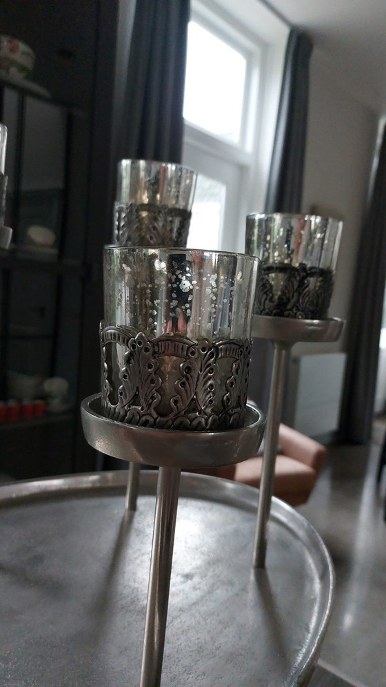 Image 1 of Brushed Silver Candle Tray With 6 Beautiful Tea Light Holders