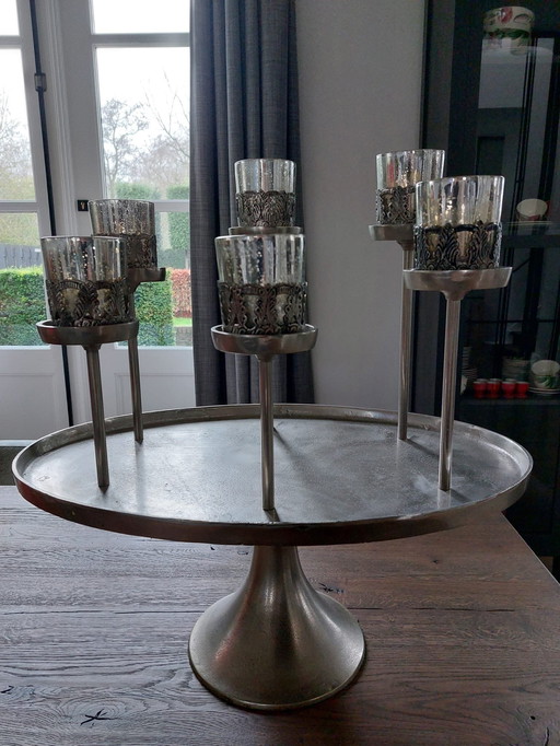 Brushed Silver Candle Tray With 6 Beautiful Tea Light Holders