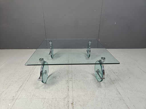 Glass Coffee Table On Wheels, 1980S - Italy