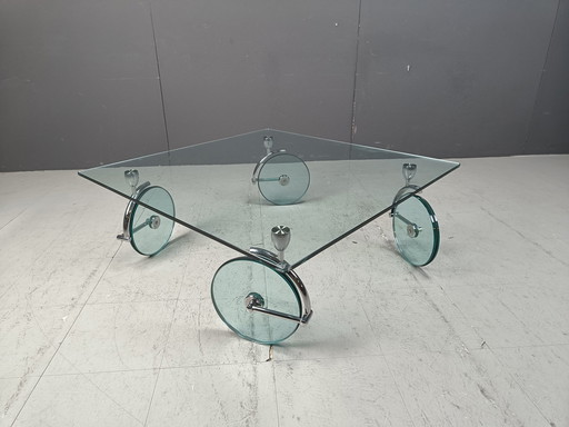 Glass Coffee Table On Wheels, 1980S - Italy