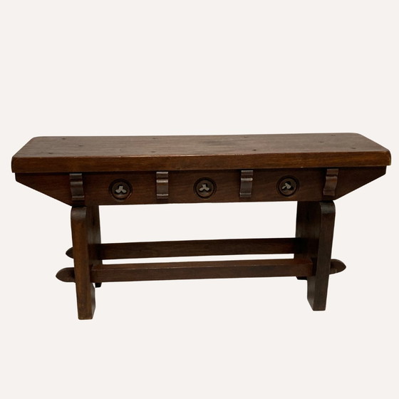 Image 1 of Mid-Century Spanish Brutalist Neo Gothic Oak Bench Side Table Or Console