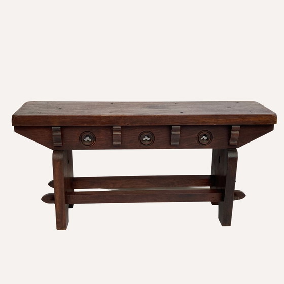 Image 1 of Mid-Century Spanish Brutalist Neo Gothic Oak Bench Side Table Or Console