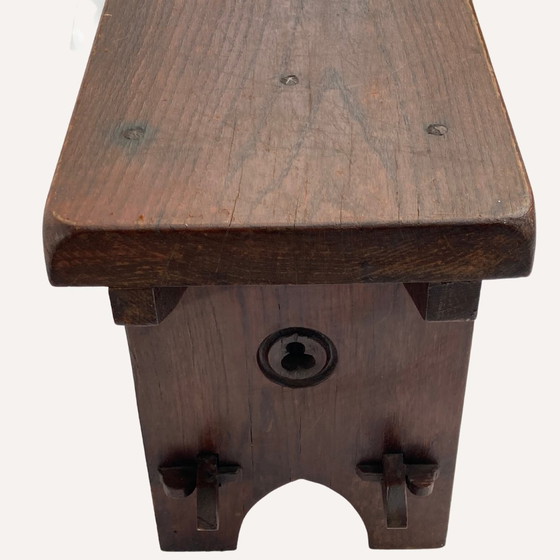 Image 1 of Mid-Century Spanish Brutalist Neo Gothic Oak Bench Side Table Or Console