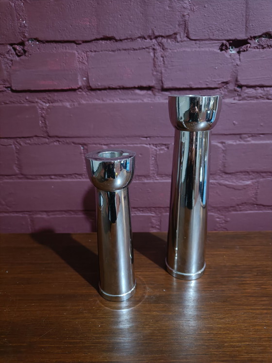 Image 1 of Two heavily chromed candlesticks – 1980s