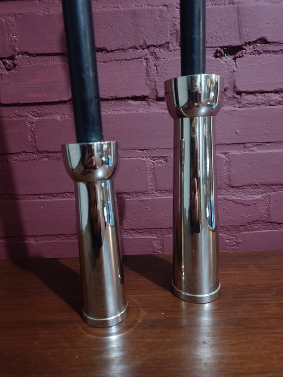 Image 1 of Two heavily chromed candlesticks – 1980s