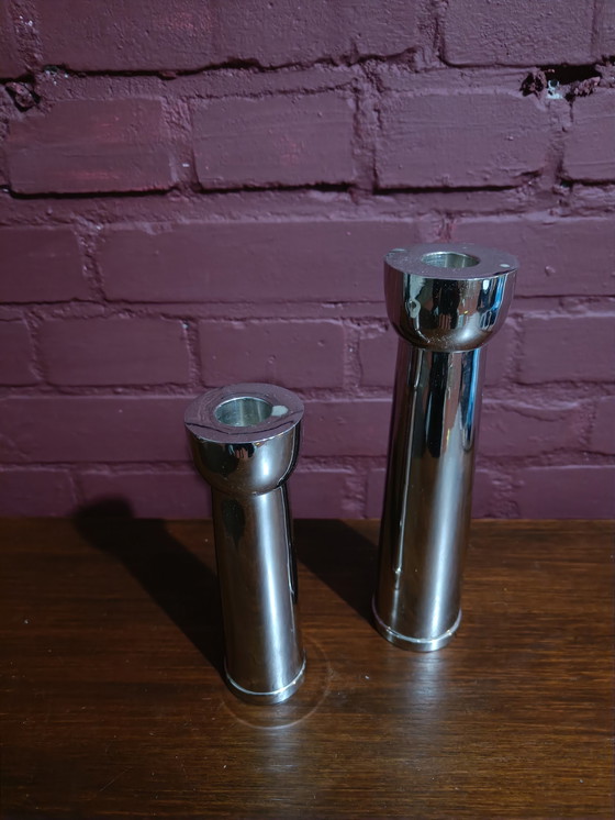 Image 1 of Two heavily chromed candlesticks – 1980s