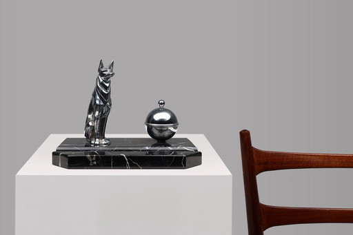 Art Deco Inkwell in Chrome and Marble with Statue of a Dog, France, 1930s