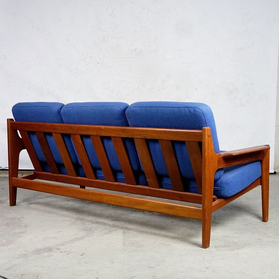 Image 1 of Vintage Scandinavian sofa in teak and blue fabric by A.W. Iversen for Komfort, Denmark 1960
