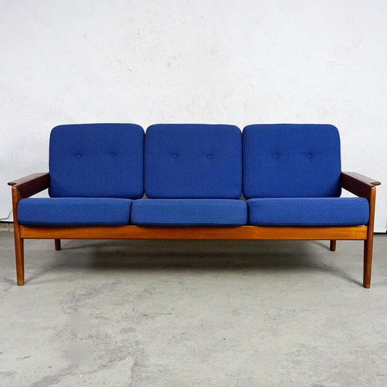Image 1 of Vintage Scandinavian sofa in teak and blue fabric by A.W. Iversen for Komfort, Denmark 1960