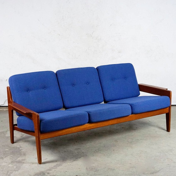 Image 1 of Vintage Scandinavian sofa in teak and blue fabric by A.W. Iversen for Komfort, Denmark 1960