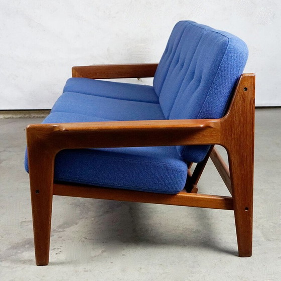Image 1 of Vintage Scandinavian sofa in teak and blue fabric by A.W. Iversen for Komfort, Denmark 1960