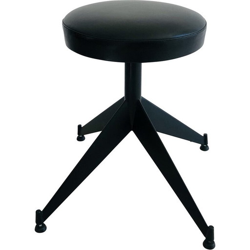 Taburete vintage ajustable en polipiel negra, Italia, 1980