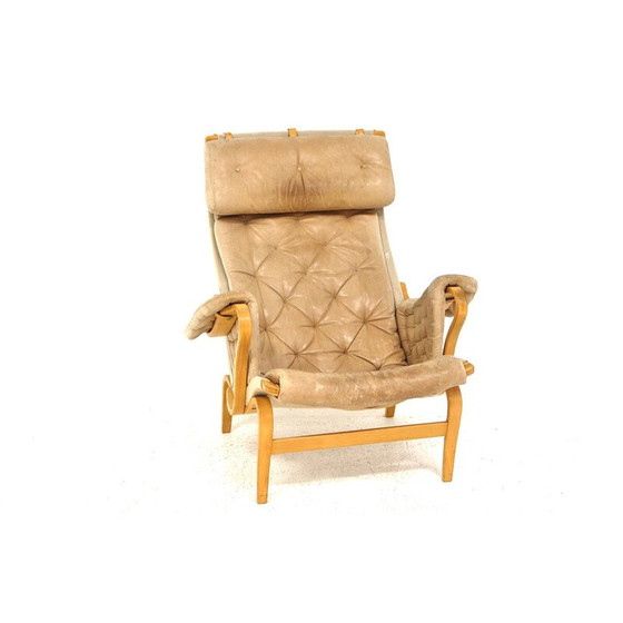 Image 1 of Vintage armchair "Pernilla" in cognac leather and oakwood by Bruno Mathsson for Karl Mathsson, Sweden 1960s