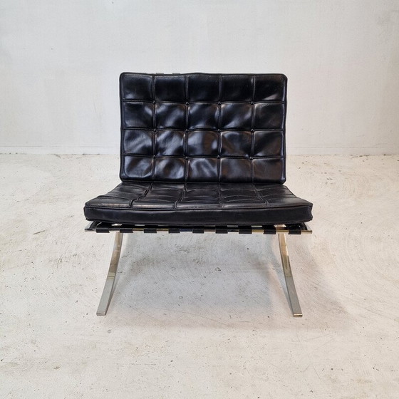 Image 1 of Vintage Barcelona armchair with stainless steel and black leather ottoman by Mies Van der Rohe for Knoll, 1970