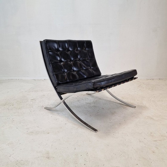 Image 1 of Vintage Barcelona armchair with stainless steel and black leather ottoman by Mies Van der Rohe for Knoll, 1970