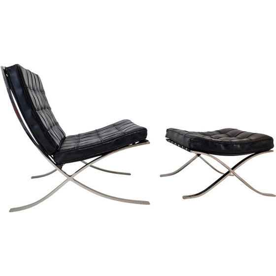 Image 1 of Vintage Barcelona armchair with stainless steel and black leather ottoman by Mies Van der Rohe for Knoll, 1970
