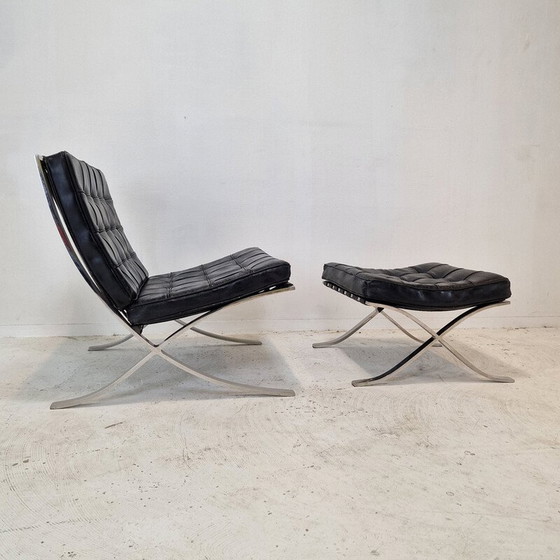 Image 1 of Vintage Barcelona armchair with stainless steel and black leather ottoman by Mies Van der Rohe for Knoll, 1970