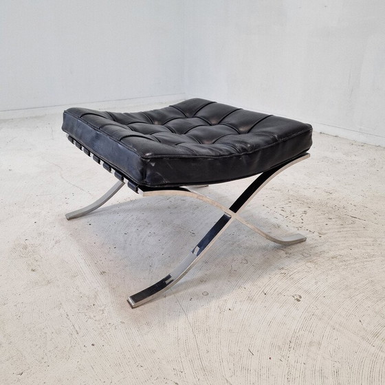 Image 1 of Vintage Barcelona armchair with stainless steel and black leather ottoman by Mies Van der Rohe for Knoll, 1970