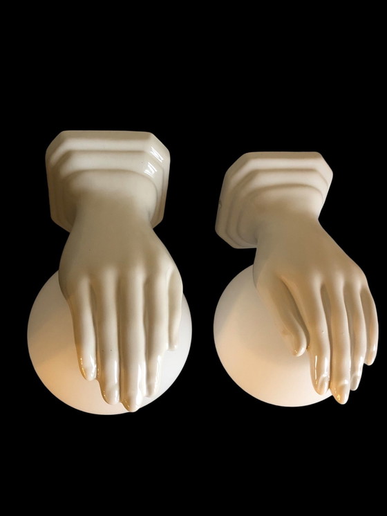 Image 1 of Pair of vintage ceramic sconces with white opaline globe