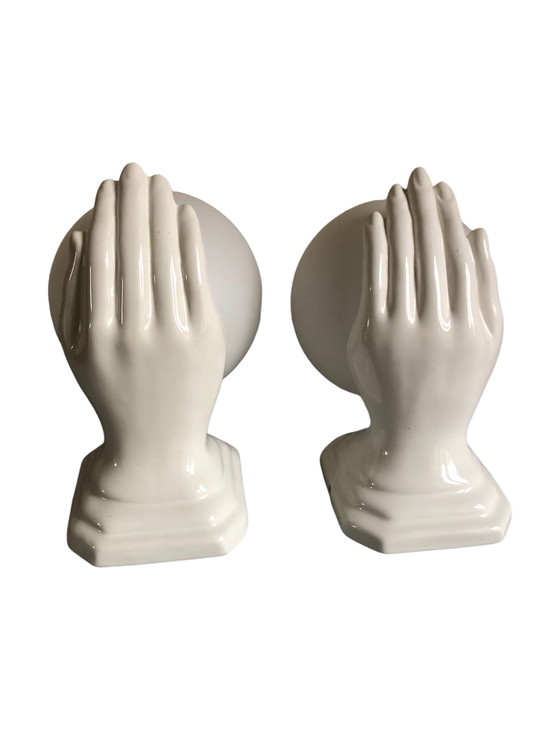 Image 1 of Pair of vintage ceramic sconces with white opaline globe