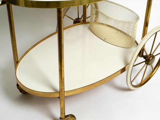 Image 1 of Rare Beautiful Mid Century Brass And Solid Wood Serving Trolley Or Bar Cart By Vereinigte Werkstätten 