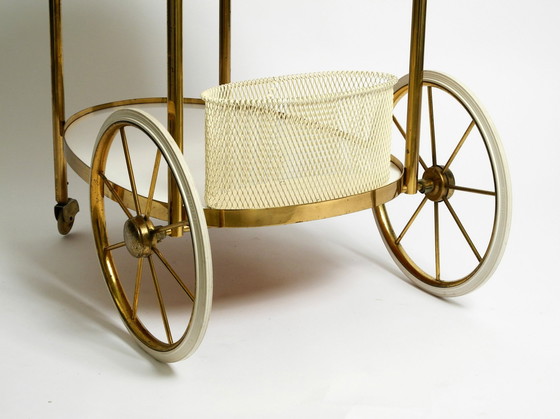 Image 1 of Rare Beautiful Mid Century Brass And Solid Wood Serving Trolley Or Bar Cart By Vereinigte Werkstätten 