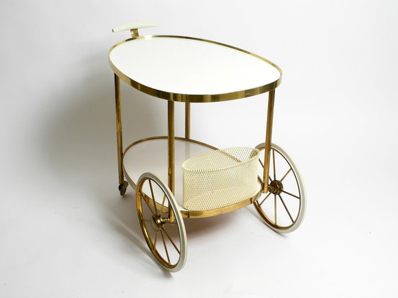 Image 1 of Rare Beautiful Mid Century Brass And Solid Wood Serving Trolley Or Bar Cart By Vereinigte Werkstätten 