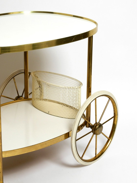 Image 1 of Rare Beautiful Mid Century Brass And Solid Wood Serving Trolley Or Bar Cart By Vereinigte Werkstätten 