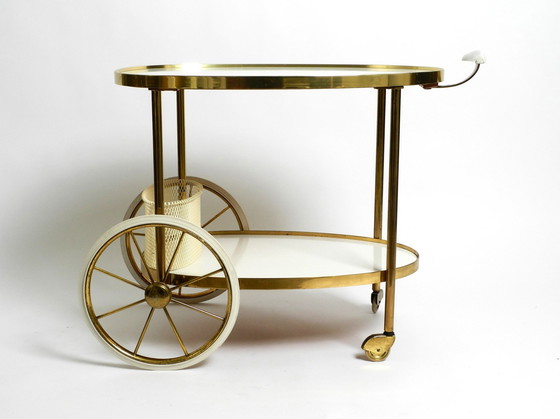 Image 1 of Rare Beautiful Mid Century Brass And Solid Wood Serving Trolley Or Bar Cart By Vereinigte Werkstätten 